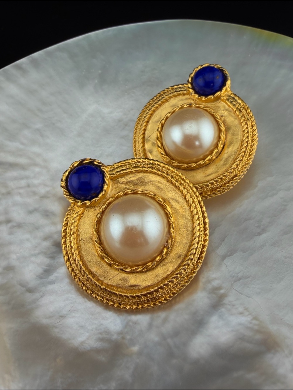 Les Bernard Vintage Lapis Lazuli & Faux Pearl Statement Earrings bold gold